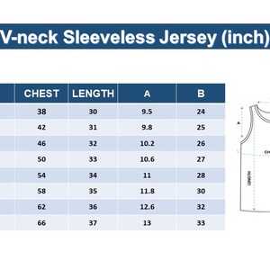 May include: Size chart for a sleeveless v-neck jersey in inches. The chart shows measurements for chest, length, and two other measurements labeled A and B. The chart includes sizes S through 5XL.