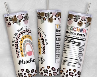 Teacher Life 20oz Tumbler Sublimation Wrap, Leopard Teacher Nutrition Facts Tumbler PNG, Teacher Day Tumbler Gift, Digital Download Png