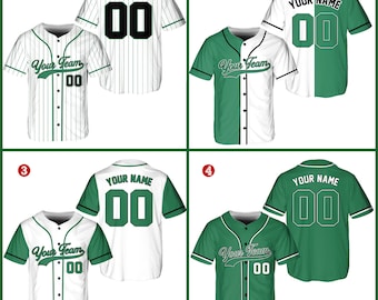 May include: Four different designs of a white and green baseball jersey with black trim. The jerseys have a number "00" on the back and the text "Your Team" on the front. The jerseys are available in four different styles.