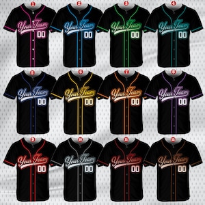 May include: Twelve black baseball jerseys with different colored trim. The jerseys have the text "Your Team" and the number "00" on the front.