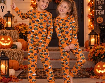 Monster Truck Kids Halloween Pajamas, Orange Spooky Sleepwear Set for Toddler Boys Girls, Sibling Trick Or Treat Holiday Gift Pjs