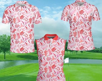 Pink Western Cowgirl Golf Polo Shirt for Men and Women, Cute Sleeveless Cowgirl Rodeo Golf Shirt Button Up, Funny Country Style Shirt