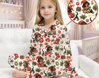 Christmas Dachshund Satin Pajama Set for Women Girls, Cute Holiday Dog Sleepwear, Matching Mother Daughter Xmas Gift
