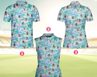Bigfoot Surfing Polo Shirt for Men Women, Funny Tropical Sasquatch Golf Shirt, Summer Beach Vacation Sleeveless Polo for Women