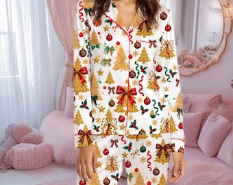 Women’s Christmas Satin Pajamas, Gold Glitter Tree Ornament Sleepwear Set, Holiday Bow Loungewear, Elegant Xmas Gift