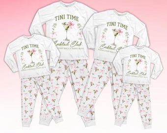 Tini Time Pyjamas Set, Cocktail Club Passende PJs, Martini Cocktail Print Nachtwäsche, Familien Outfit, Happy Hour Loungewear
