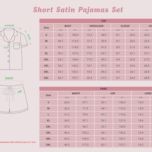 May include: Diagram of a short satin pajama set, including a top and shorts, with size charts detailing measurements in inches and centimeters for bust, shoulder, sleeve, waist, and hip.