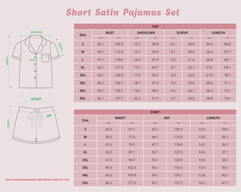 May include: Diagram of a short satin pajama set, including a top and shorts, with size charts detailing measurements in inches and centimeters for bust, shoulder, sleeve, waist, and hip.