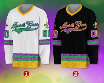 Camiseta de hockey Mardi Gras personalizada con brillantina, nombre personalizado, uniforme de hockey para fanáticos (no brillantina real)