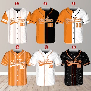 May include: Six different baseball jerseys with the text "Your Team" and the number "00" on the front. The jerseys are in various color combinations of orange, white, and black.