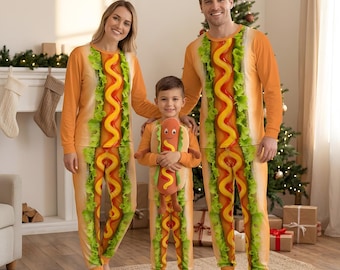 Funny Hot Dog Family Matching Pjs Set, Cute Food 3D Illusion Holiday Sleepwear for Adults Kids, Ugly Xmas Party Family Gift Loungewear