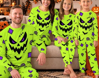 Neon Green Monster Face Family Matching Halloween Pjs, Spooky Patchwork Sleepwear Set Adults Kids, Trick Or Treat Family Gift Loungewear