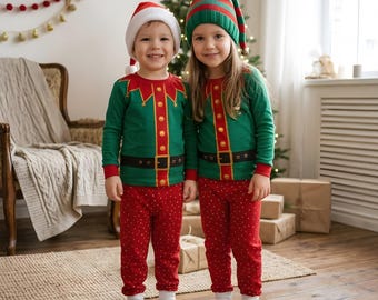 Kids Christmas Elf Pajama Set, Red Green Santa Helper Holiday Sleepwear Boys Girls, Sibling Matching Xmas Gift Loungewear