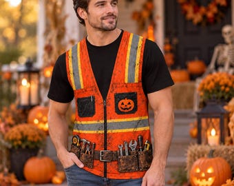 Funny 3D Construction Worker T Shirt Unisex, Halloween Safety Vest Illusion Tee, Handyman Tool Belt Costume Shirt, Builder Gift for Men