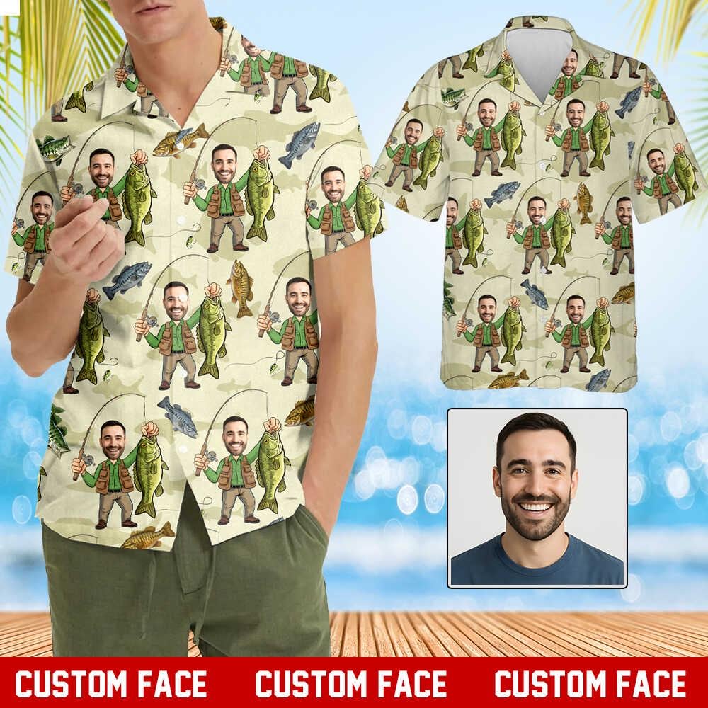 Personalized Face Bass Fishing Hawaiian Shirt Men Women Youth