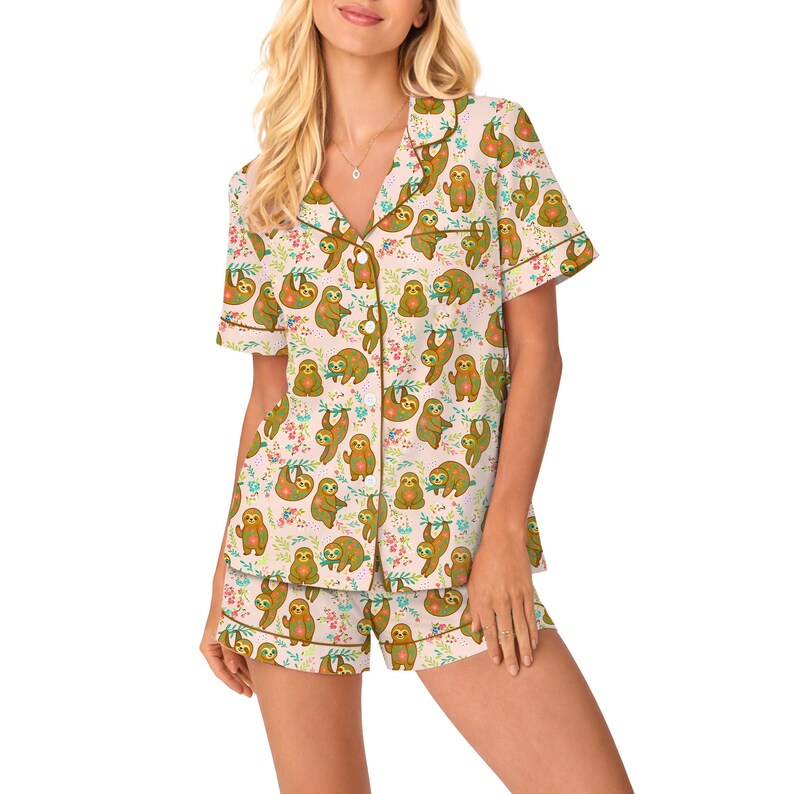 Sloth Satin Pajama Set with Pocket for Women, Cute Jungle Animal Sleepwear, Funny Cozy Lounge Set, Gift for Sloth Lovers image 2