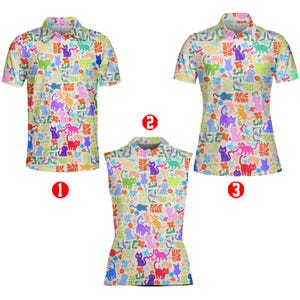 Colorful Cat Polo Shirt for Men Women, Sleeveless Golf Polo, Fun Kitty Pattern Summer Top, Cute Cat Lover Gift, Pet Lover Apparel