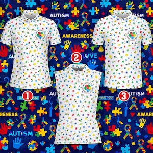 May include: Three white polo shirts with a colorful puzzle piece pattern and the Autism Awareness logo. The shirts are short-sleeved and sleeveless. The background is a dark blue with the words "Autism" and "Awareness".