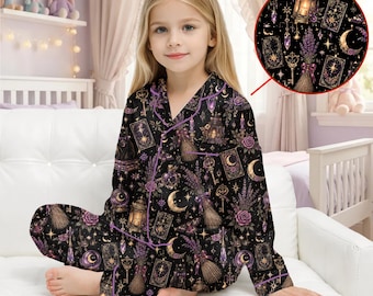 Magical Witch Satin Pajama Set for Girls Women, Gothic Moon Tarot Sleepwear, Purple Black Matching Loungewear, Halloween Gift