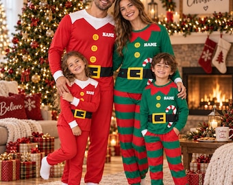 Custom Name Family Matching Pjs Santa Elf Christmas Pajama Set, Personalized Holiday Sleepwear, Red Green Sibling Xmas Gift Loungewear
