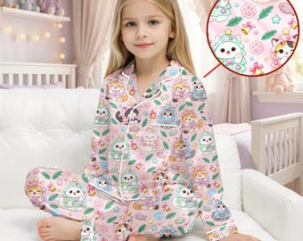 Girls Christmas Pajamas, Cute Cat Holiday Satin Pajama Set, Kawaii Pink Xmas PJs, Long Sleeve Sleepwear Gift for Kids