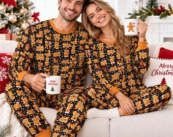 Couples Matching Pjs Gingerbread Man Christmas Pajama Set, Black Holiday Sleepwear, Family Christmas Pj Sibling Xmas Gift Loungewear