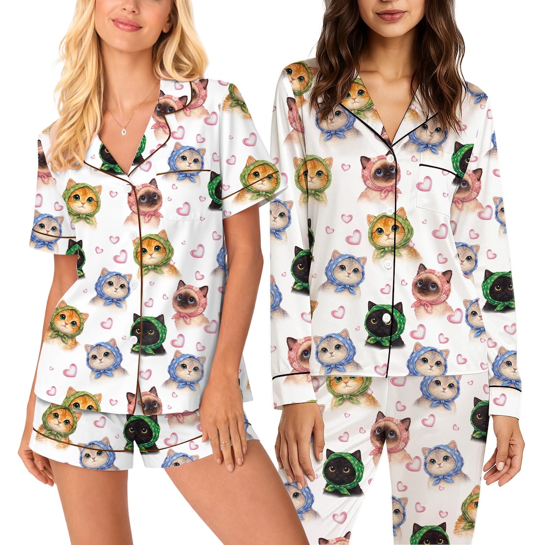 Cat Pajamas for Women, Matching Cute Cat Print Pjs, Pocket Button ...