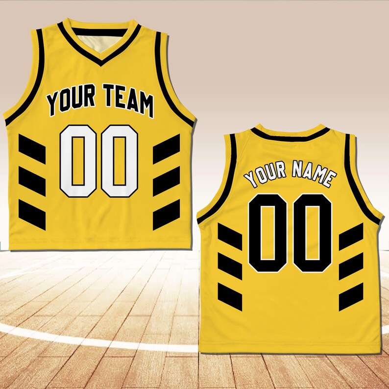 May include: Yellow basketball jersey with black trim and black and white stripes. The front of the jersey says "YOUR TEAM" and has the number "00" in white. The back of the jersey says "YOUR NAME" and has the number "00" in black.