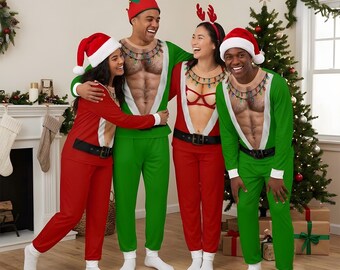 Family Matching Pjs Funny Fake Muscle Christmas Sleepwear Set, Red Green Bikini Santa Holiday Pajamas, Ugly Xmas Party Adult Gift