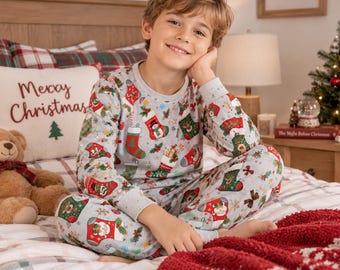 Christmas Pajama Set for Kids, Cute Santa Stocking Snowman PJs, Holiday Sleepwear for Boys Girls, Christmas Eve Gift