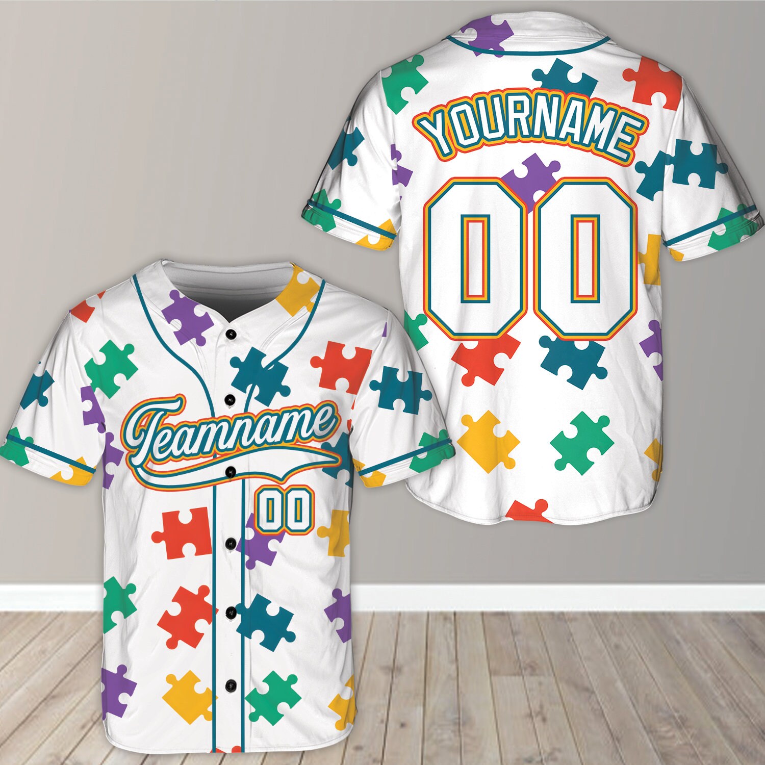 Personalized Autism Awareness Baseball Jersey, Custom Name Puzzle