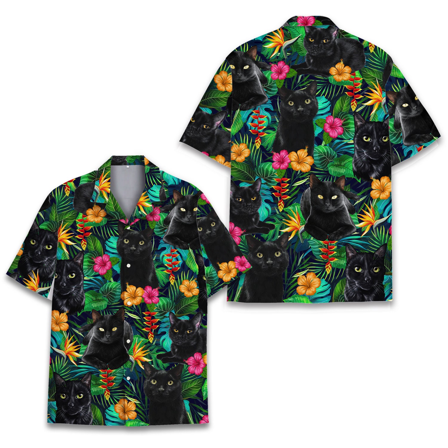 Tropical Cat Hawaiian Shirts for Men Women, Cat Lovers Gift Mens Casual Shirt Button Down Short Sleeves, Cat Lover Gift Shirt