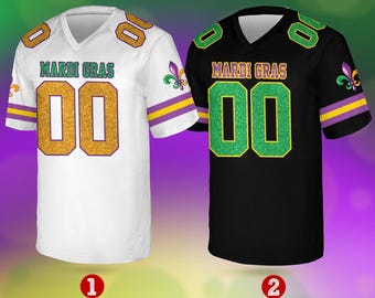 Gepersonaliseerde voetbaltrui mardi Gras, aangepaste naam en nummer jersey met korte mouw, jersey Mardi Gras Carnival (gedrukte glitter)
