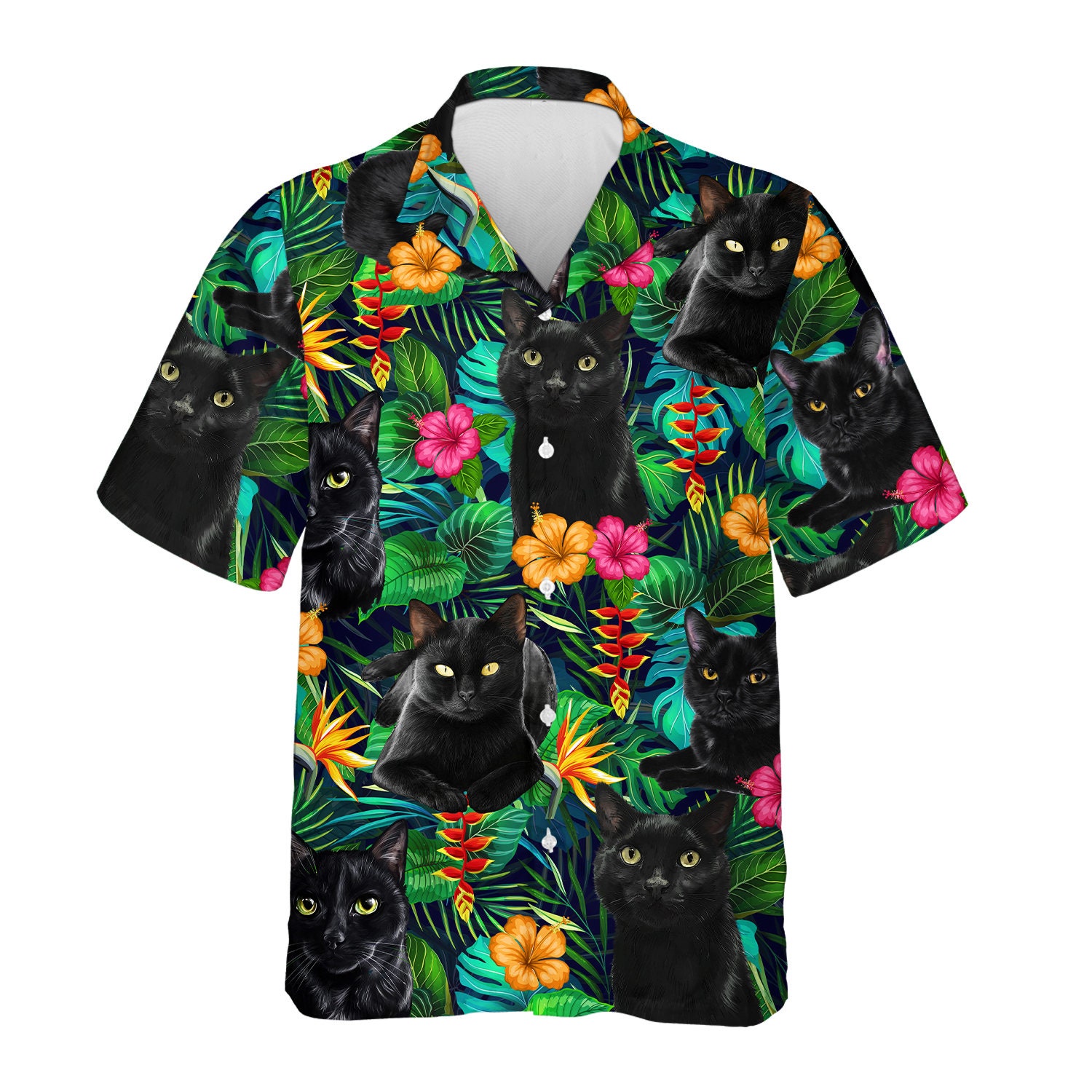 Tropical Cat Hawaiian Shirts for Men Women, Cat Lovers Gift Mens Casual Shirt Button Down Short Sleeves, Cat Lover Gift Shirt