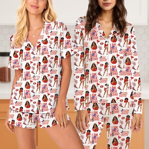 May include: White pajama sets with a repeating pattern of illustrations and text. The text includes "I AM BLACK HISTORY" and "KEEP GOING QUEEN". One set has short sleeves and shorts, the other has long sleeves and pants.