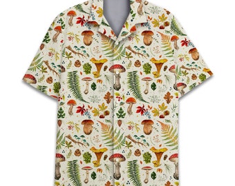 Mushroom Hawaiian Shirts for Men, Mushroom Shirt, Mushroom Shirts for Men, Mushroom Stripe Button Down, Cottagecore Clothing, Mycology Shirt