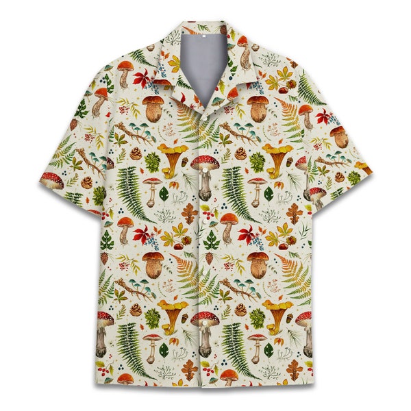 Mushroom Hawaiian Shirts for Men, Mushroom Shirt, Mushroom Shirts for Men, Mushroom Stripe Button Down, Cottagecore Clothing, Mycology Shirt