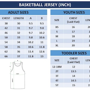 May include: A size chart for basketball jerseys in inches. The chart includes adult, youth, and toddler sizes. The chart shows the chest, length, and other measurements for each size.