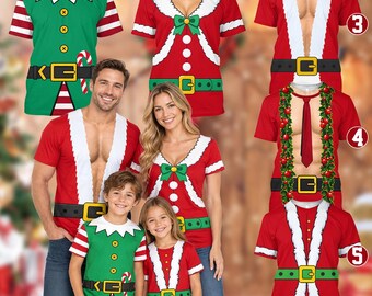 Christmas Costume 3D T Shirt, Santa Elf Body Illusion Tee, Funny Family Matching Holiday Shirt, Xmas Gift for Men Women Kids