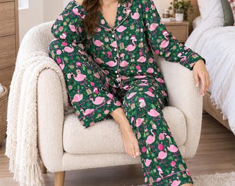 Christmas Flamingo Pajama Set for Women, Cute Tropical Holiday Satin Sleepwear, Pink Flamingo Xmas Lounge Set, Christmas Gift for Her