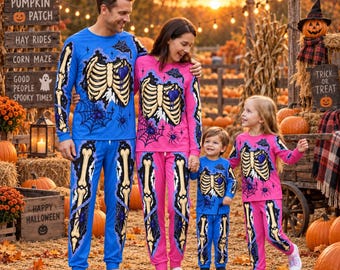 Family Matching Pjs Halloween Sleepwear Set, Cute Colorful Skeleton Pattern Pajamas for Adults Kids, Black Holiday Family Costume Gift