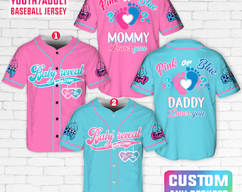Personalized Baby Reveal Baseball Jersey, Blue or Pink Baseball