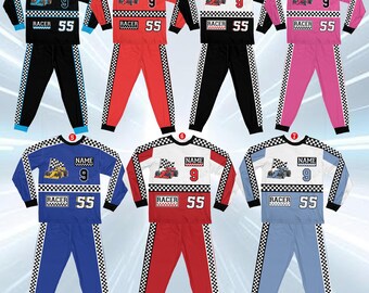 Custom Race Car Birthday Kid Youth Matching Pjs, Personalized Racing Checkered Flag Pajama Set, Birthday Boy Girl Sleepwear Loungewear Gift