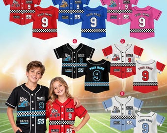 Custom Racing Baseball Jersey, Race Car Birthday Shirt, Personalized Name Number Racer Jersey, Kids Birthday Party Family Outfit
