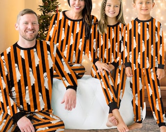Family Matching Pjs Cute Ghost Halloween Pajama Set, Orange Black Striped Spooky Sleepwear, Sibling Family Trick Or Treat Gift Loungewear