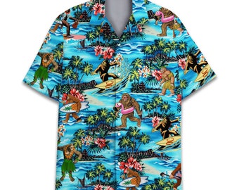 Bigfoot Hawaiian Shirts for Men Women, Tropical Summer Aloha Casual Shirts Button Down Short Sleeve, Sasquatch Shirt