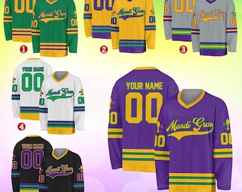 Camiseta de hockey de Mardi Gras personalizada, camiseta de hockey de Mardi Gras con nombre personalizado, uniforme de hockey para aficionados, atuendo de Mardi Gras
