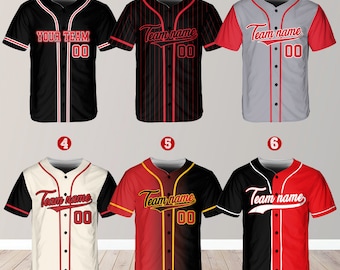 Pode incluir: Seis camisas de beisebol com diferentes esquemas de cores. As camisas têm mangas curtas, fecho de botões e o texto "YOUR TEAM" ou "Team name" com o número "00". As cores incluem preto, vermelho, branco e cinza.