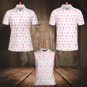 Polo de golf rosa para hombre y mujer, con divertido estampado de palos y lazo de carrito de golf, sin mangas y de manga corta para amantes del golf, ideal como regalo.
