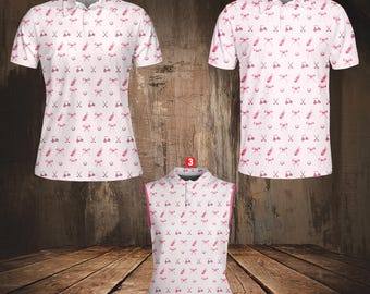 Cute Pink Golf Polo Shirt for Women Men, Funny Golf Cart Bow and Club Pattern, Sleeveless & Short Sleeve Polo for Golf Friends, Gift Idea